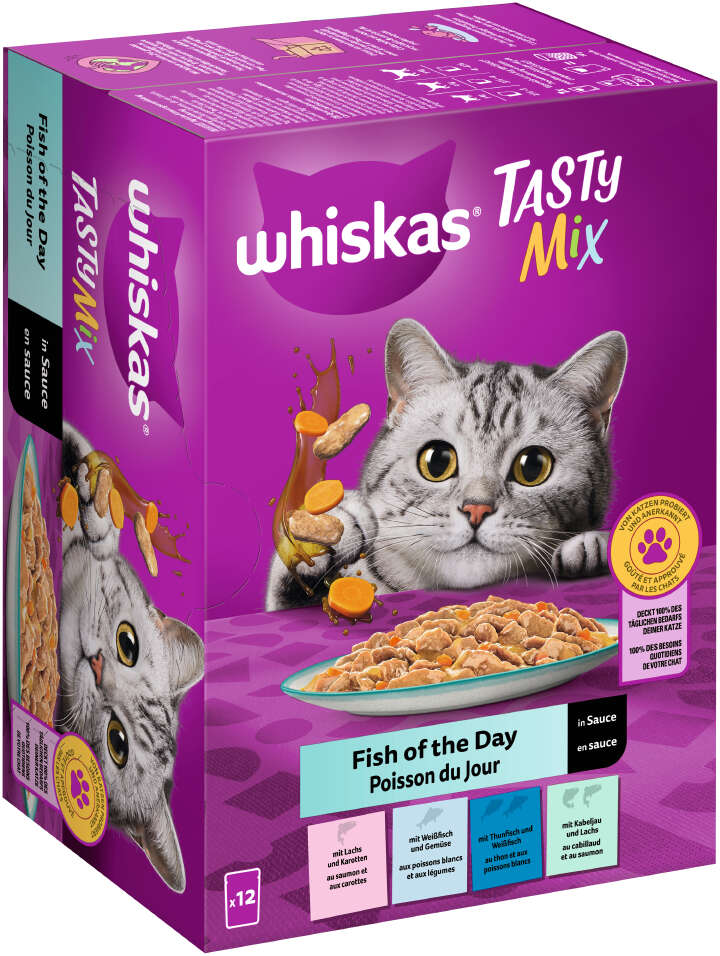 whiskas Katzen-Nassfutter TASTY MIX Portionsbeutel Multipack Fish of the Day in Sauce 12 x 85g